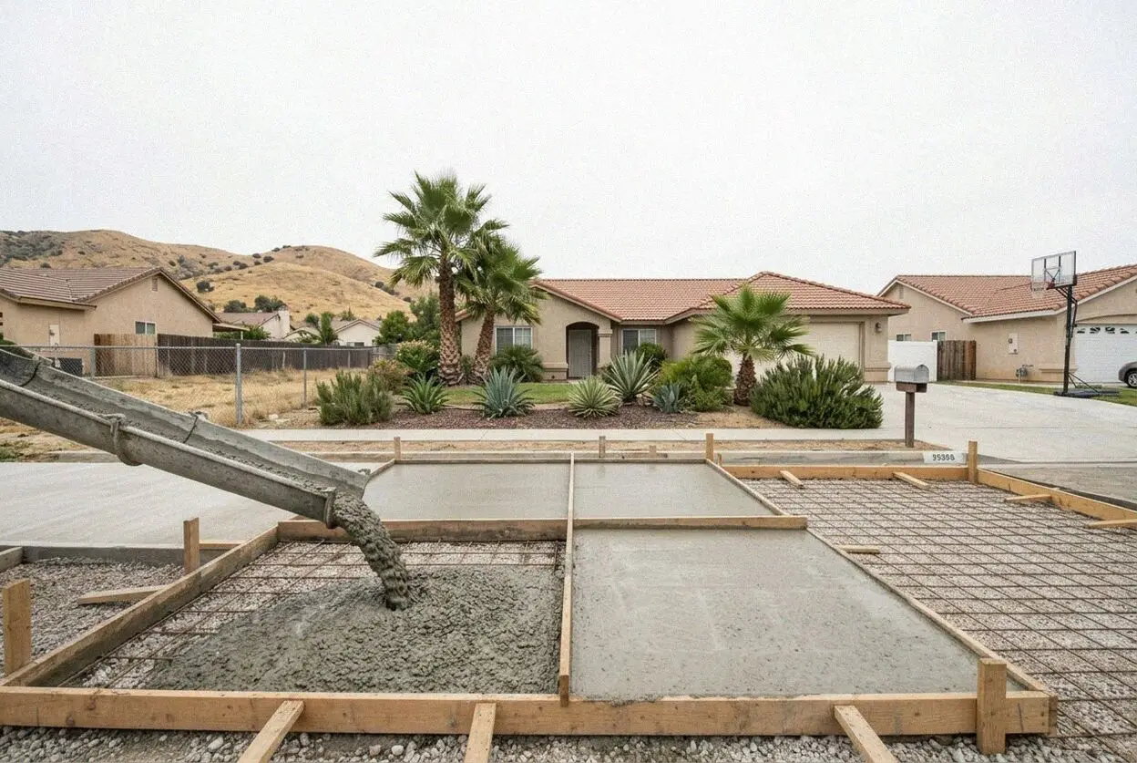 Finishing a reinforced concrete driveway slab pour in Chino