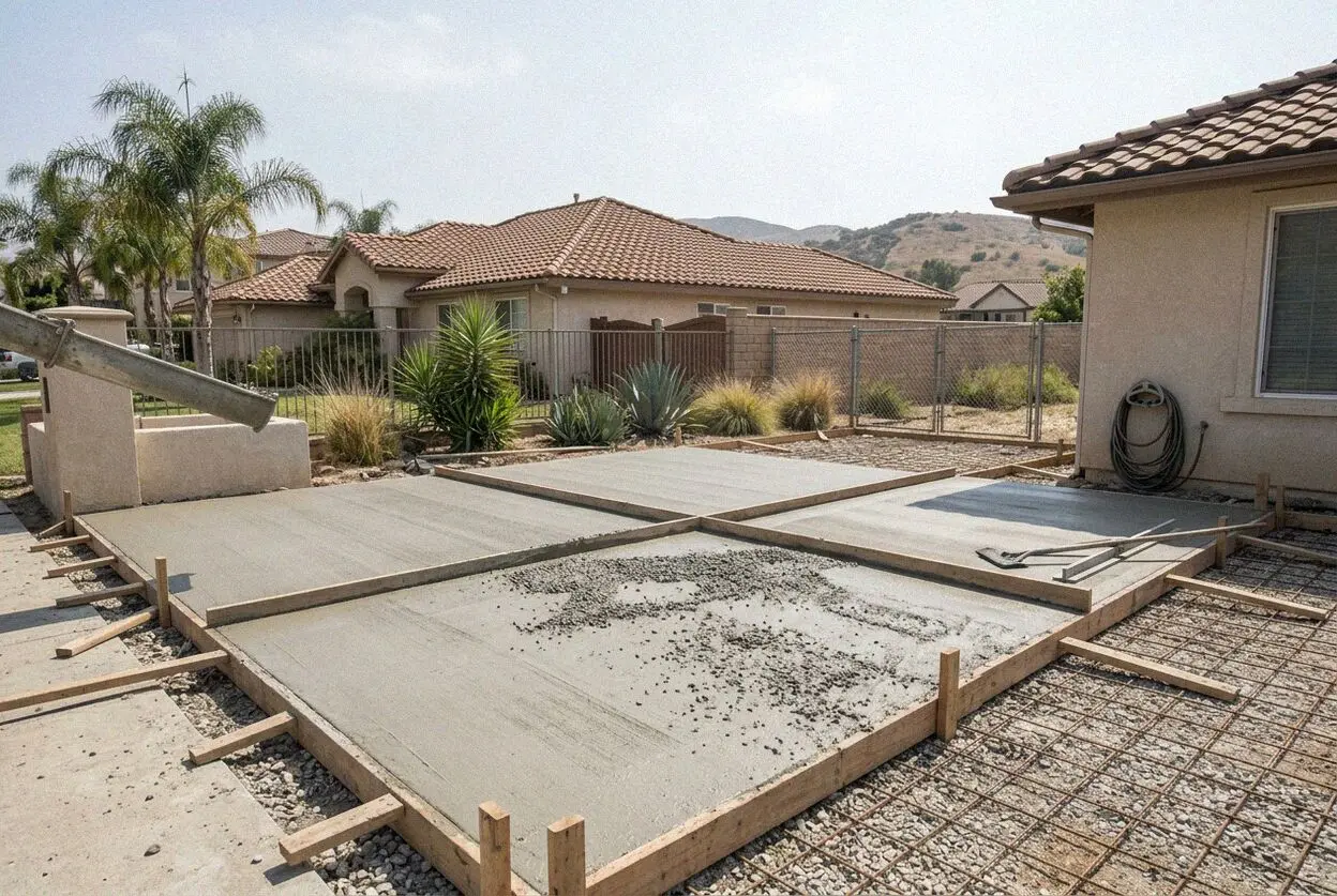 Finishing a reinforced concrete patio slab in Chino Hills