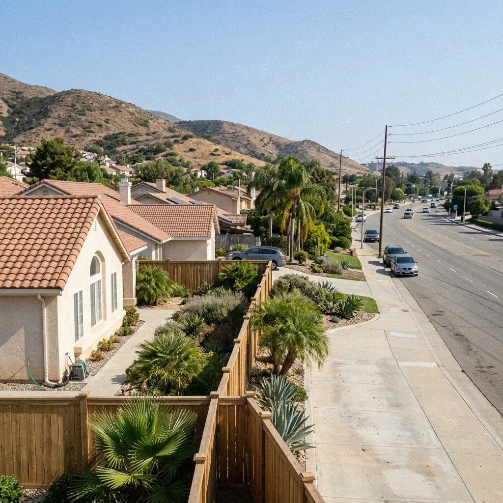 Residential street with single family homes in south Corona