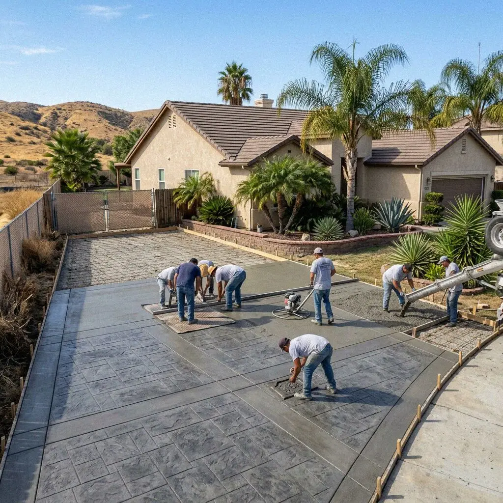 Circle City Corona Concrete crew finishing a fresh slab at a home in Corona