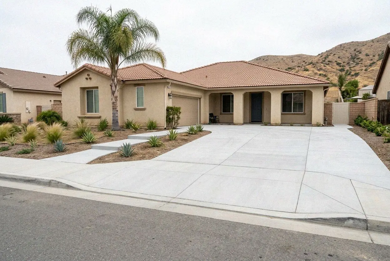 Finished concrete driveway on a curved Grand Boulevard frontage in Corona