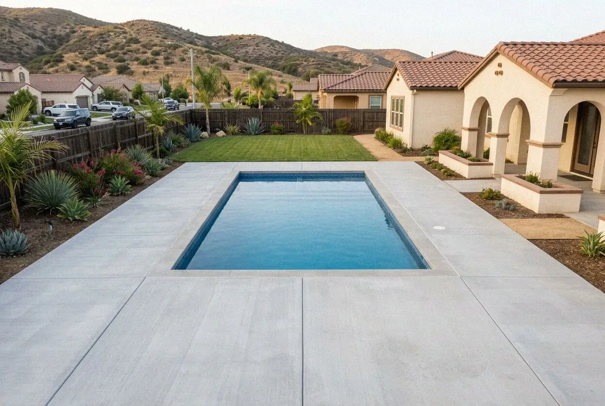 Broom-finished concrete pool deck behind a home in Eagle Glen, Corona