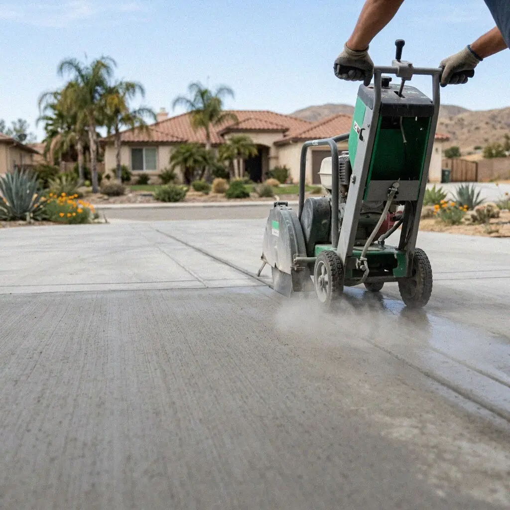 Finished diamond saw cuts along an exterior patio slab in Corona