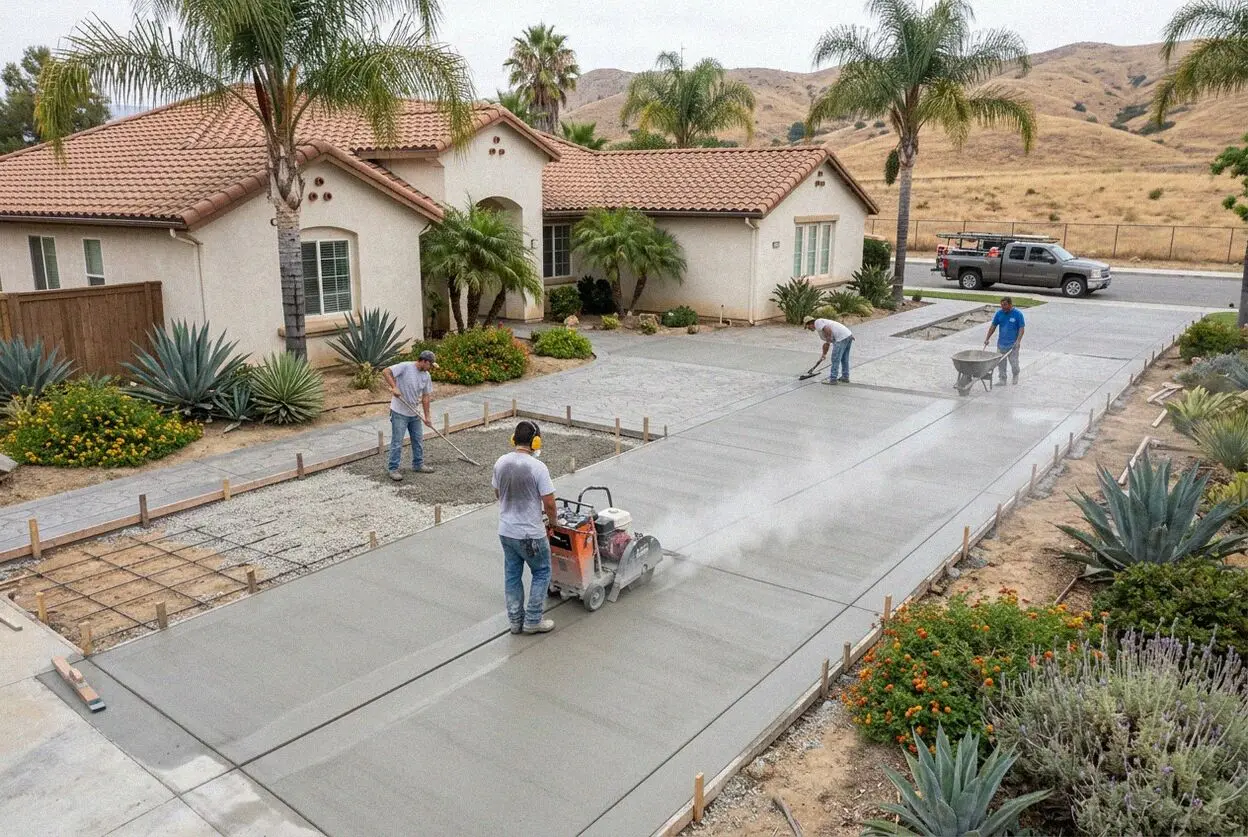 Crew operating a wet diamond walk saw on a driveway slab in Corona