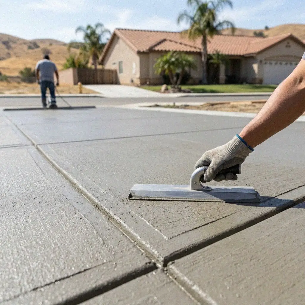 Finished brushed concrete driveway on a residential Corona property