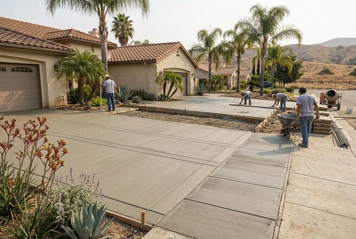 Pouring a concrete driveway slab at a residential home in Corona