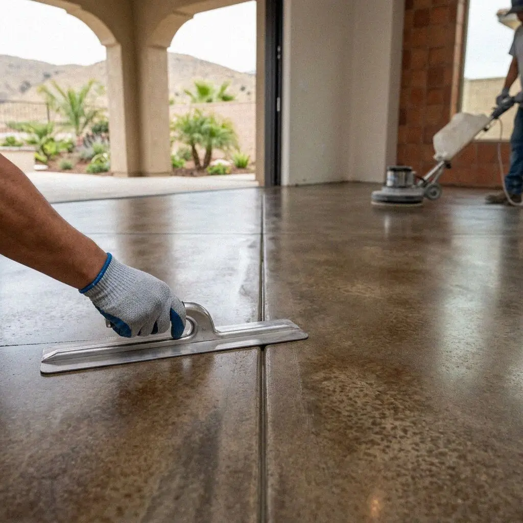 Power trowel finishing a level indoor concrete floor in Corona