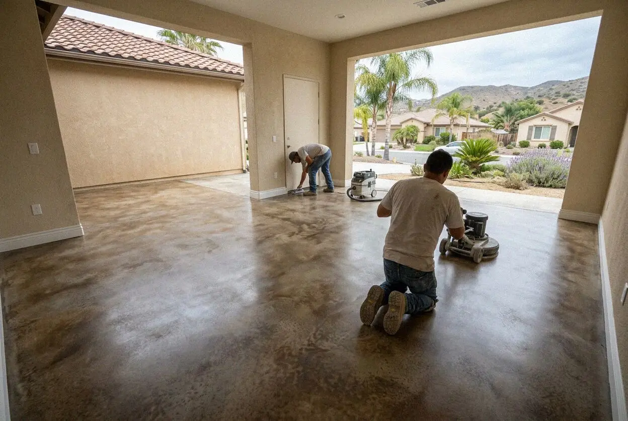 Crews screeding a fresh concrete floor inside a Corona workshop building