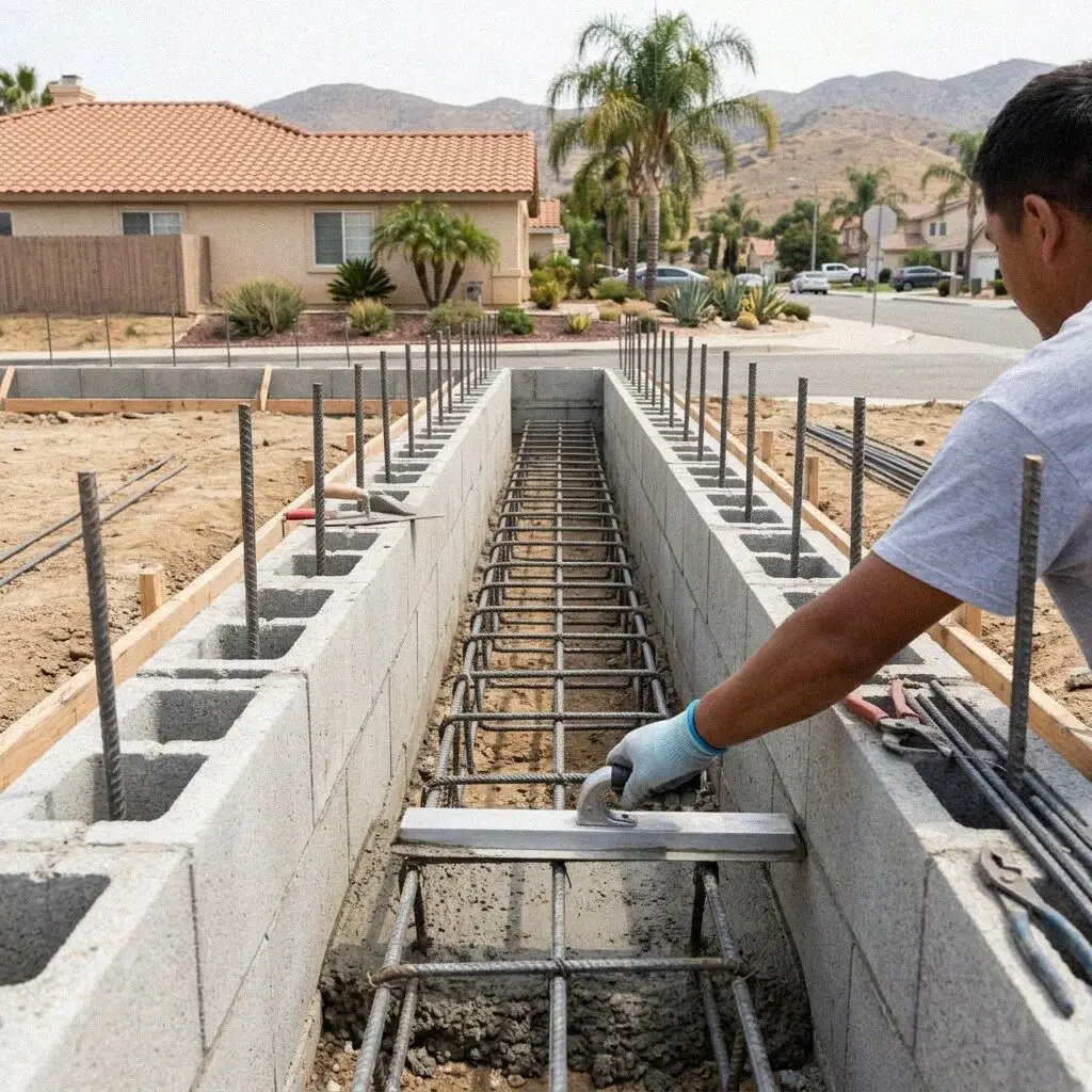 Rebar cage set inside excavated footing trench at a Corona jobsite
