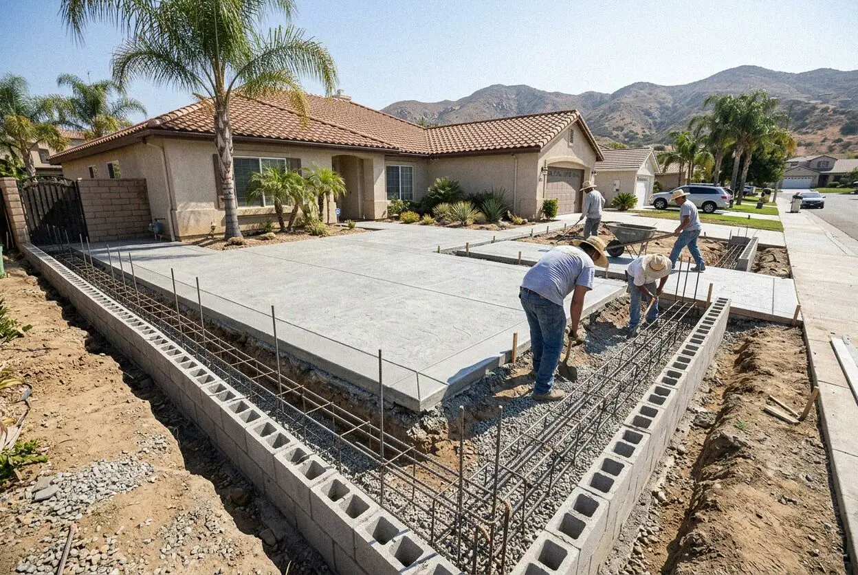 Pouring steel reinforced concrete foundation footings in Corona
