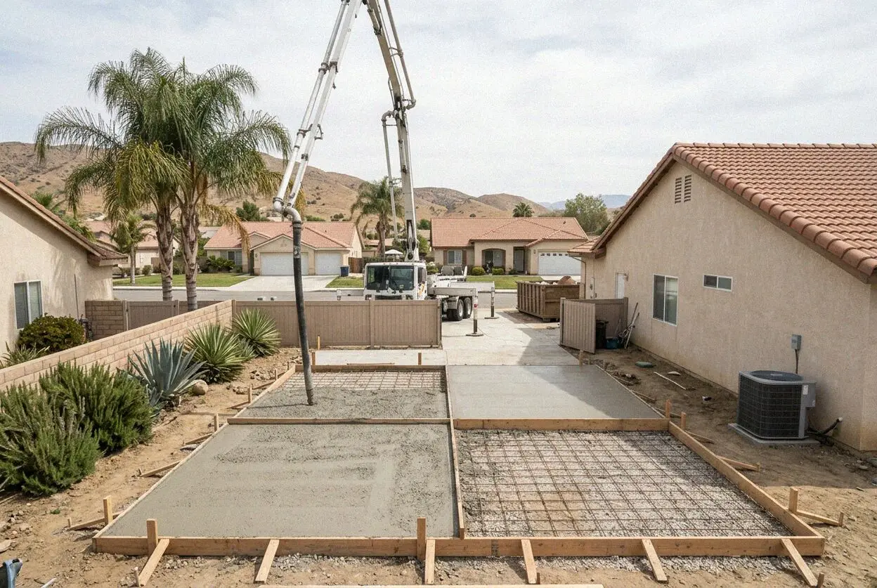 Pouring a reinforced concrete residential slab in Grand Terrace