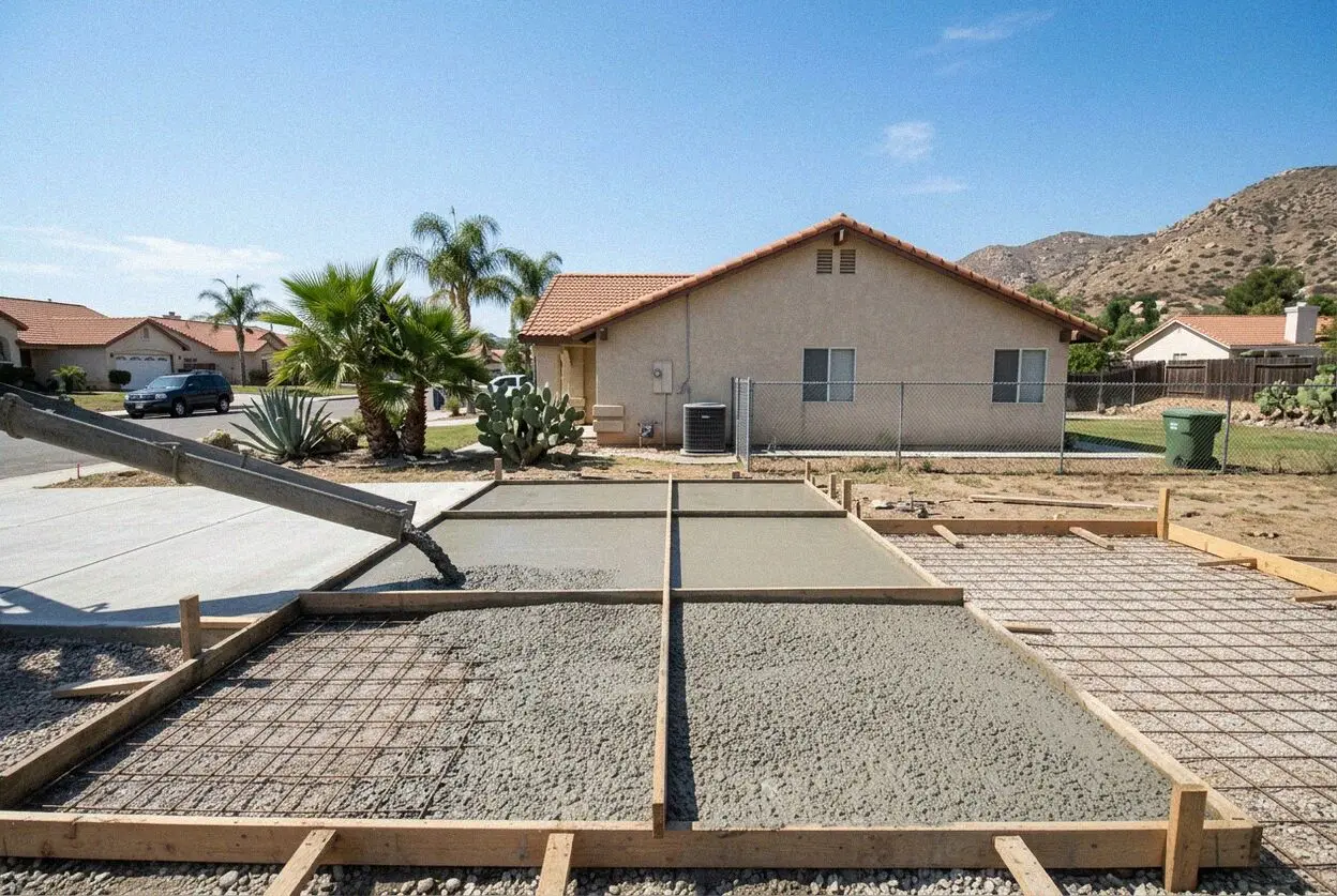 Crew finishing a residential concrete slab in Lake Elsinore