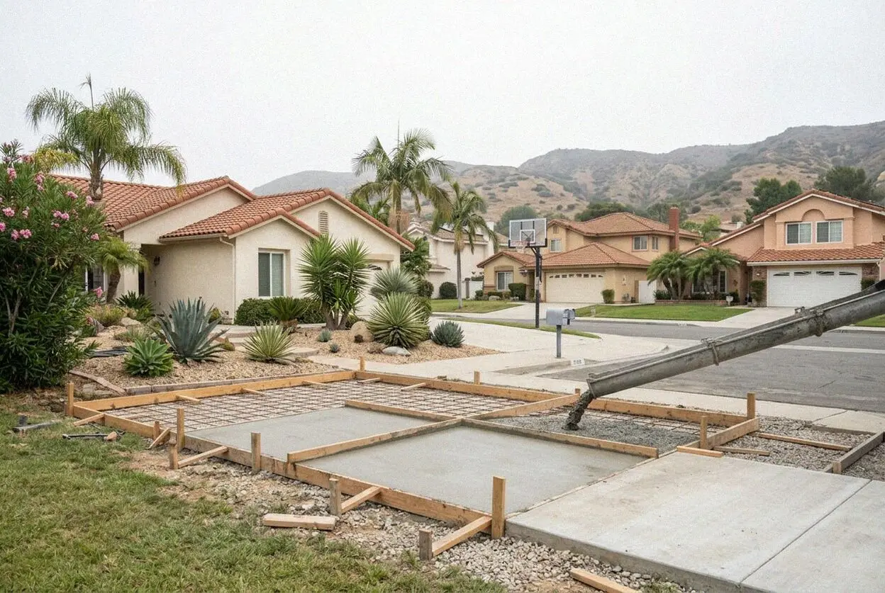 Pouring and leveling concrete on a Mission Viejo driveway