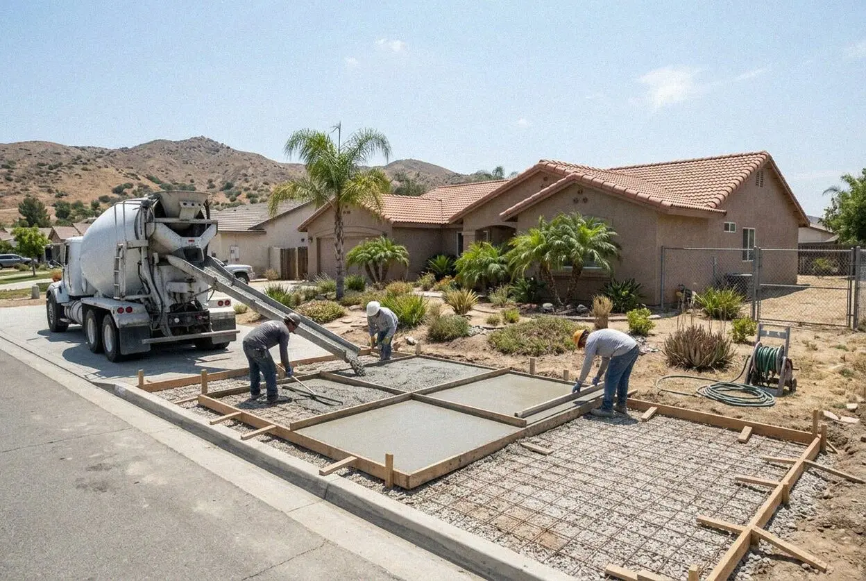 Finishing a thick concrete horse trailer driveway in Norco