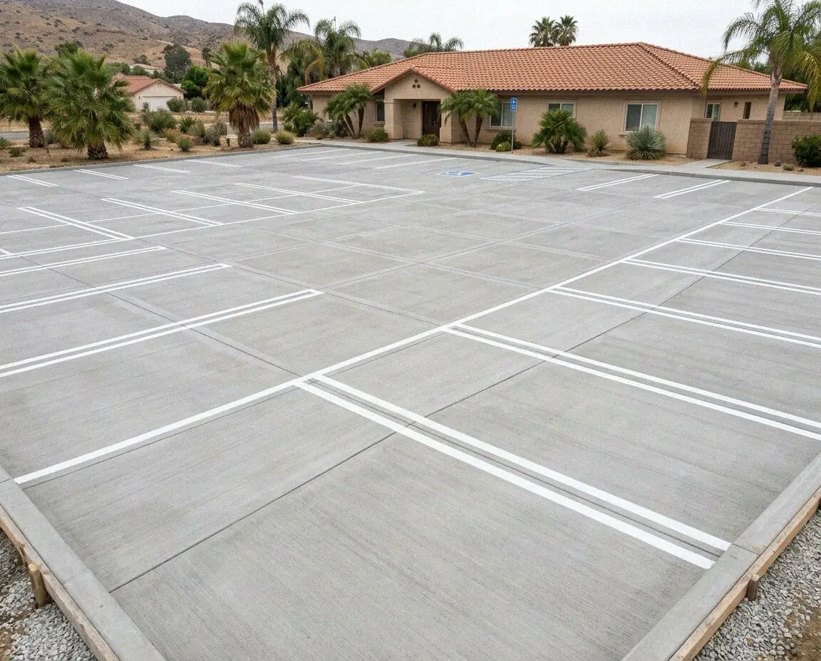 Concrete parking lot installation at a commercial warehouse in Corona