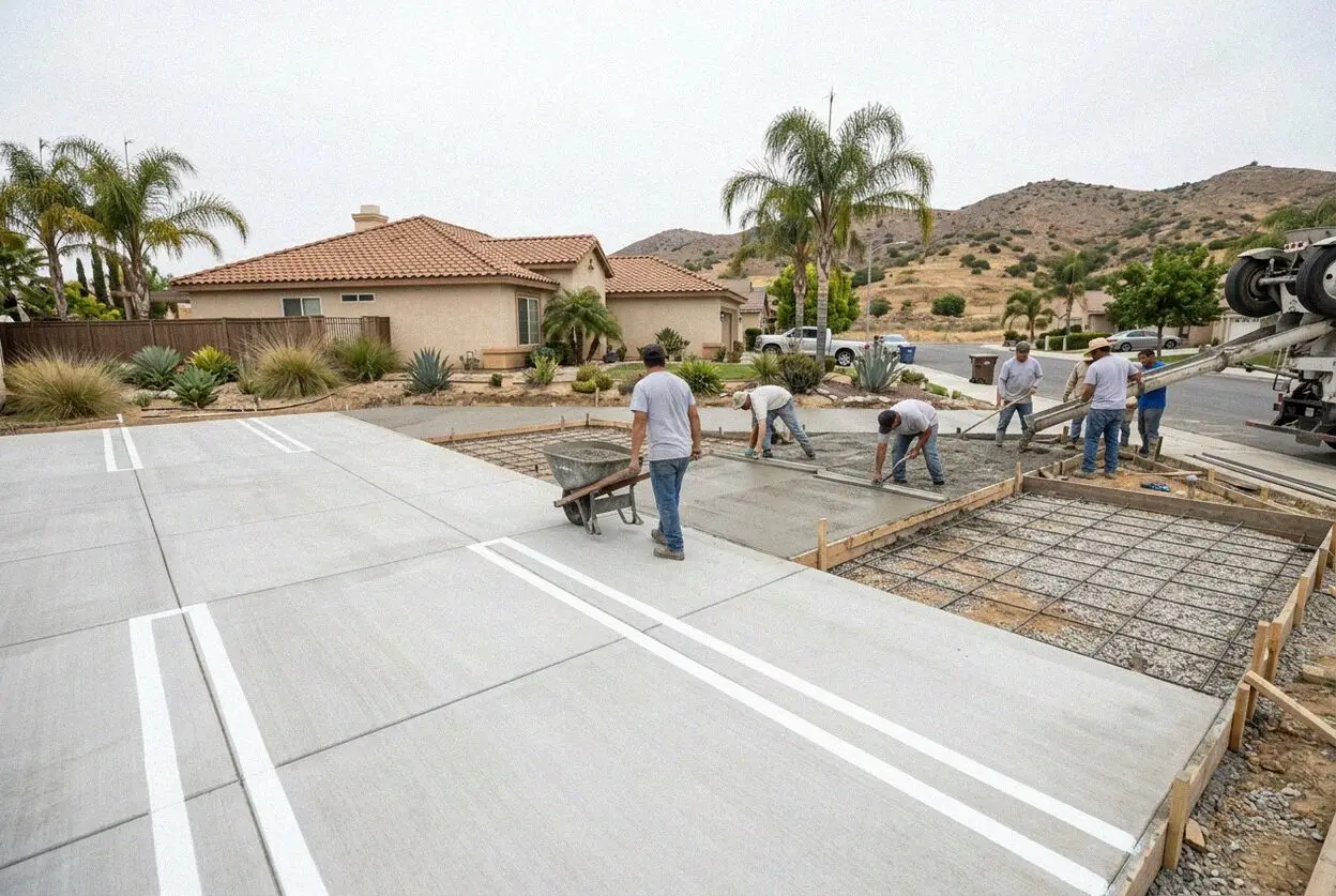 Pouring a reinforced commercial concrete parking lot slab in Corona