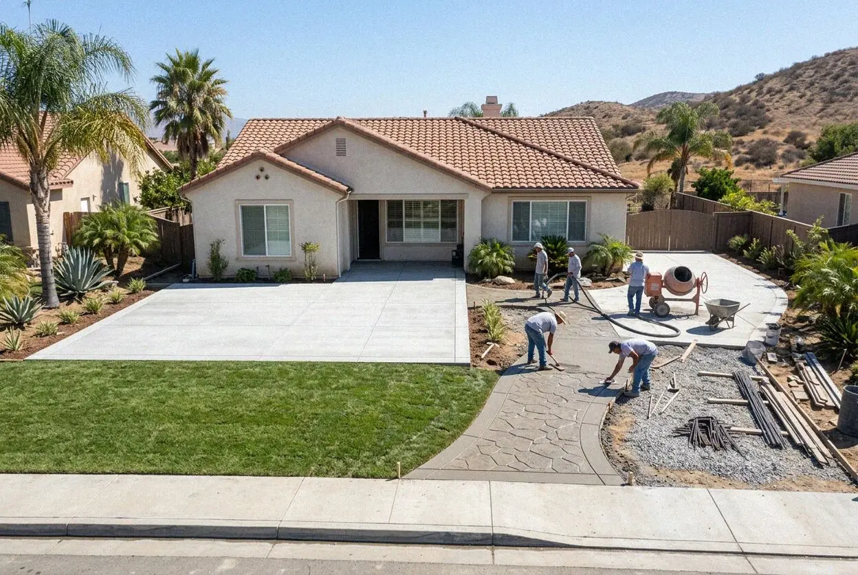 Pouring and screeding a four-inch concrete patio at a Corona home