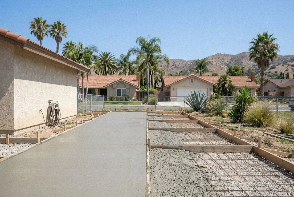 Pouring and screeding a residential concrete slab in Placentia