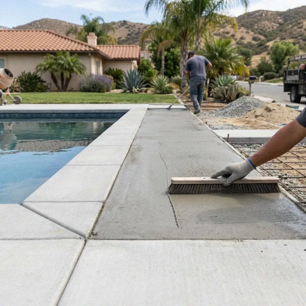 Broom finished concrete pool deck surrounding a backyard pool in Corona