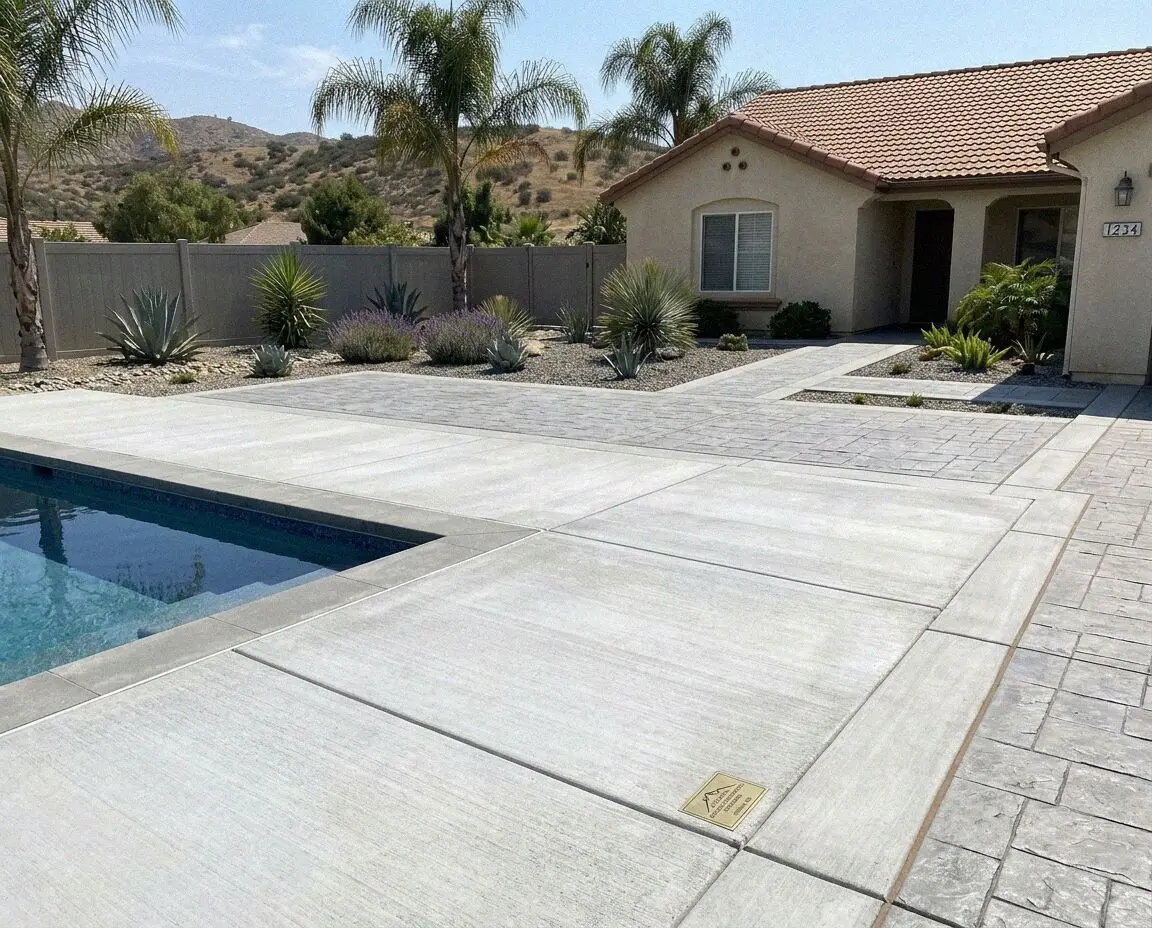 Crews pouring a reinforced concrete pool deck at a Corona residence