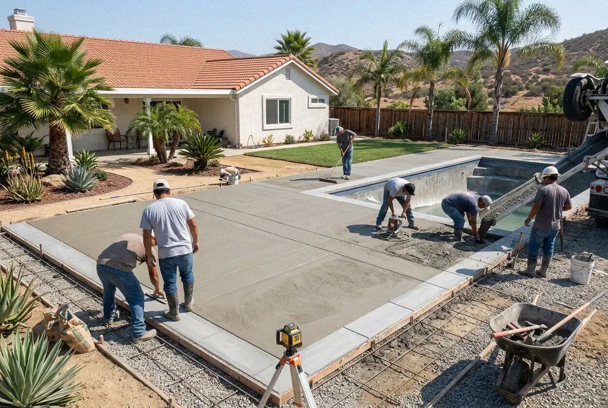 Freshly finished concrete pool deck around an inground pool in Corona