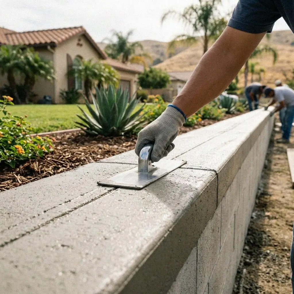 Finished stepped concrete retaining wall beside a Corona patio lot