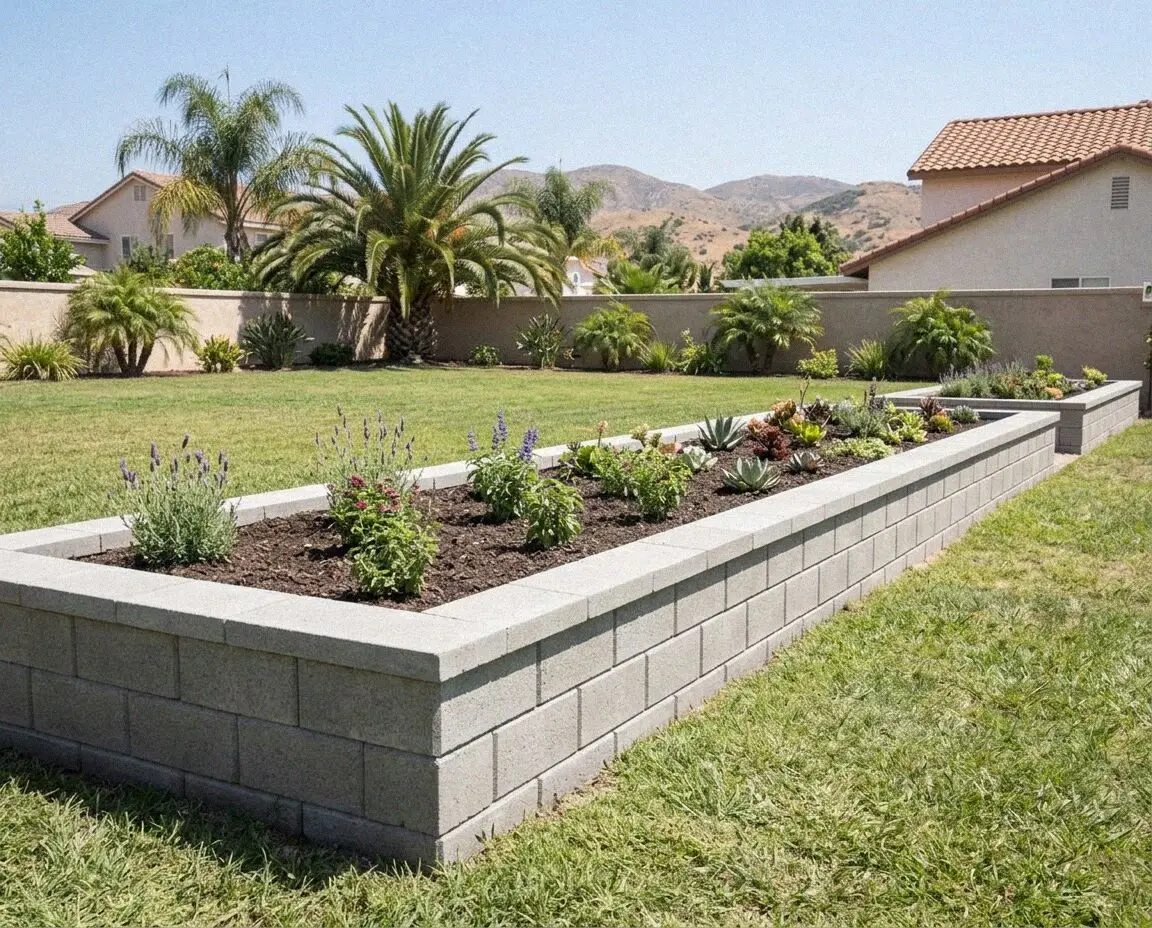 Poured concrete retaining wall along a residential slope in Corona