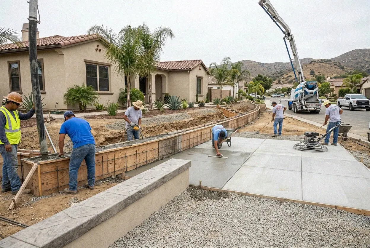 Forming a reinforced concrete retaining wall on a hillside in Corona