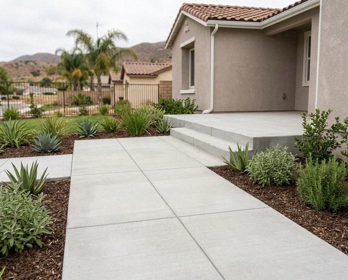 Finished concrete sidewalk along a single family front yard in Corona
