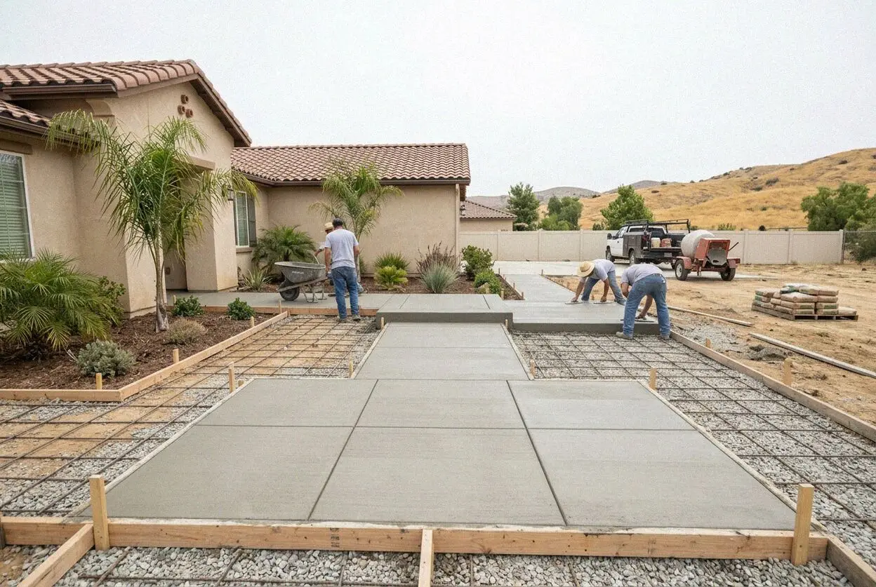 Pouring a concrete sidewalk along a residential entry path in Corona