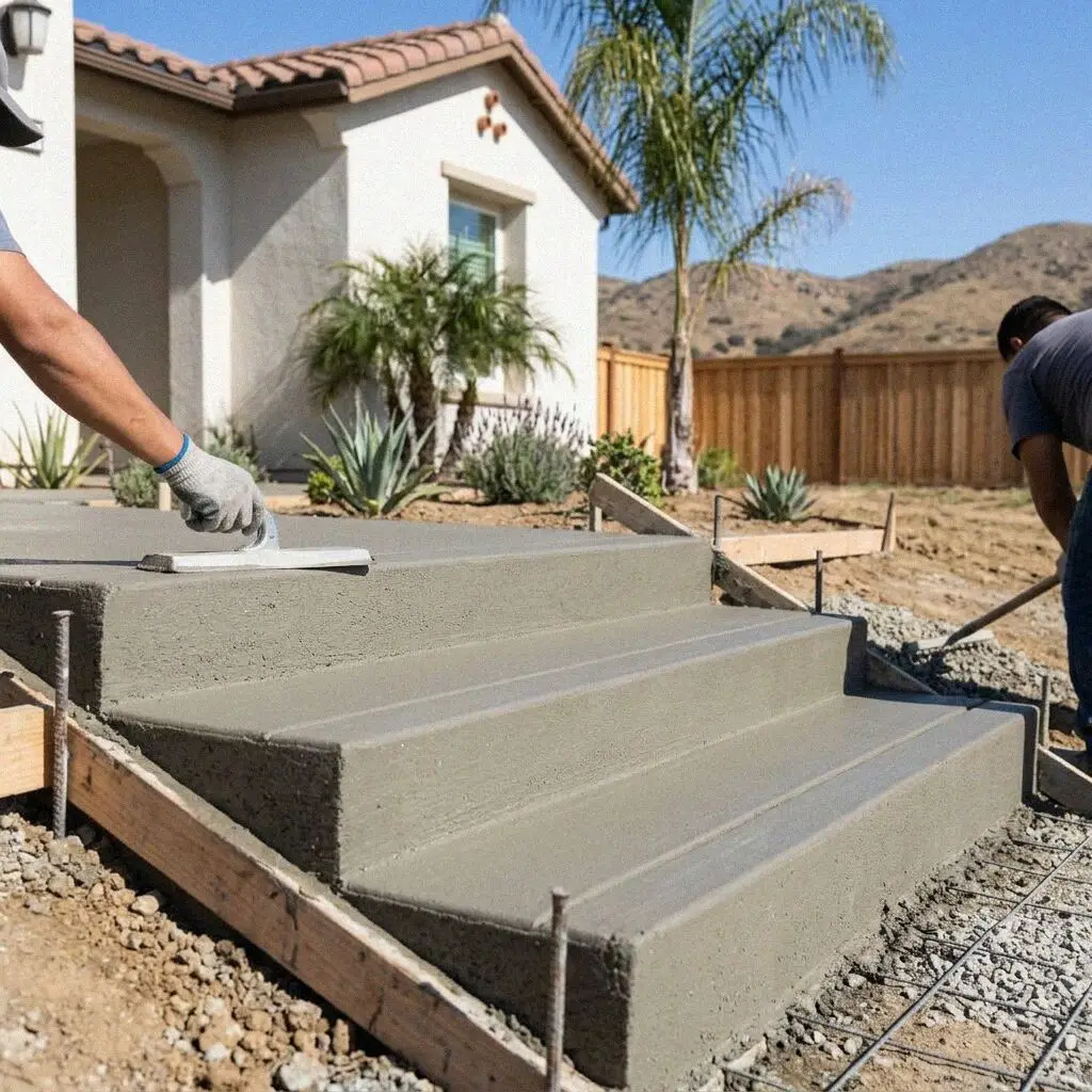Freshly poured concrete entryway steps on a residential Corona home