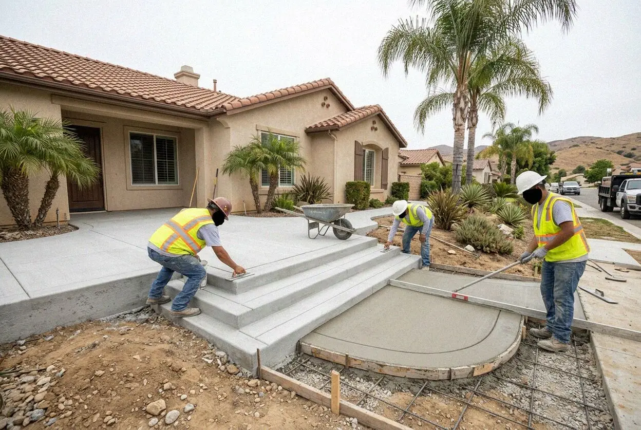 Crew forming reinforced concrete steps at a Corona home entrance
