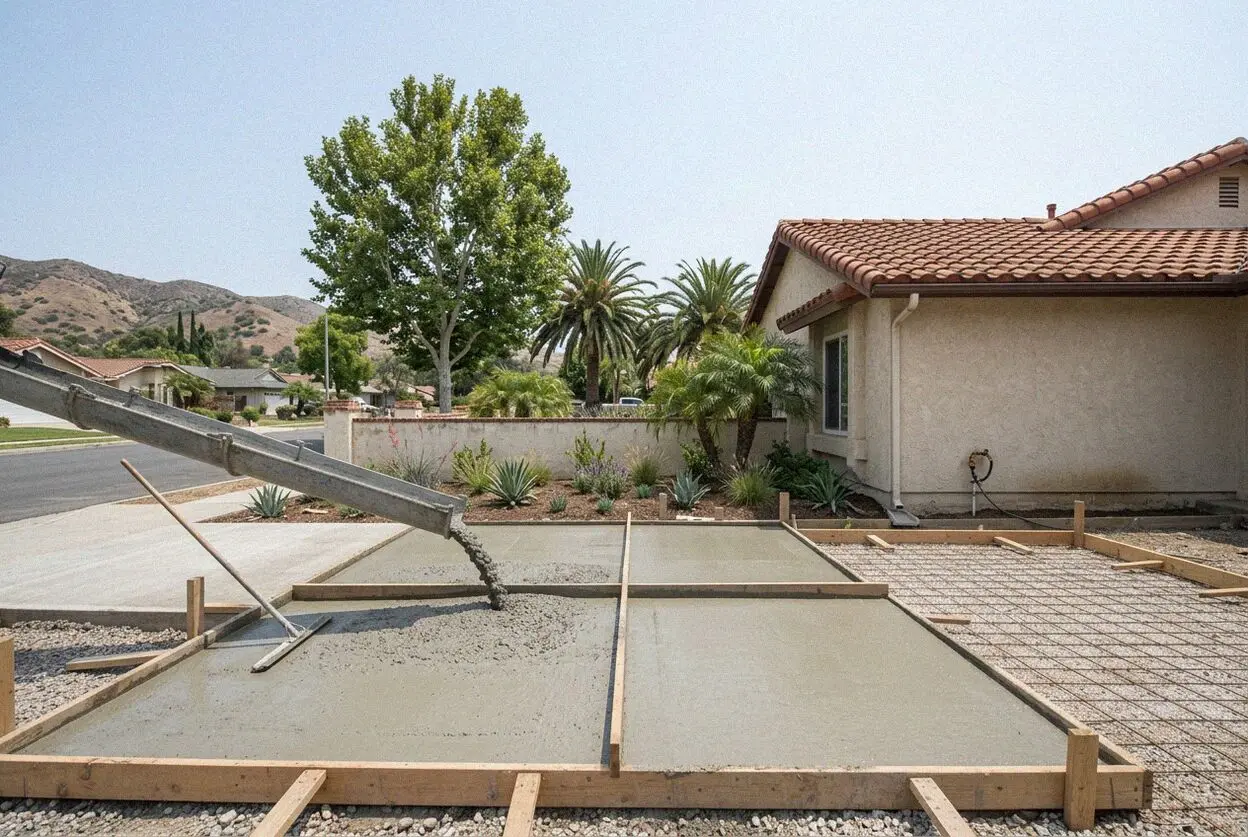 Finishing a residential concrete patio slab pour in Tustin