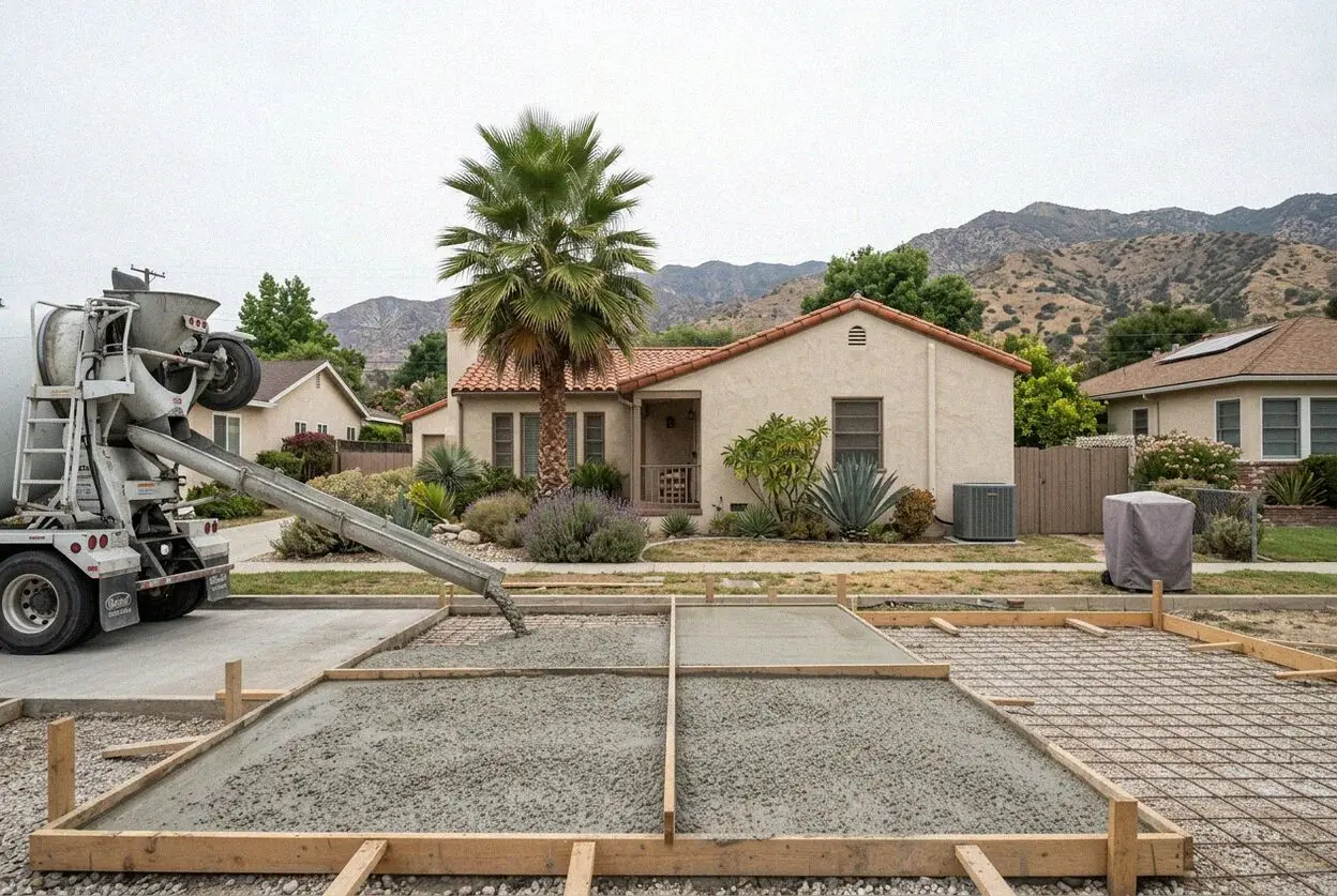 Poured concrete driveway installation in an Upland neighborhood