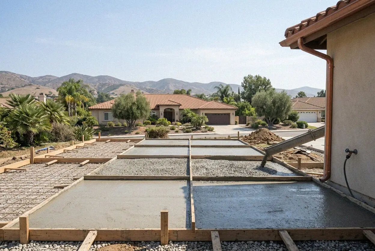 Crews pouring a reinforced concrete driveway on a Villa Park estate lot