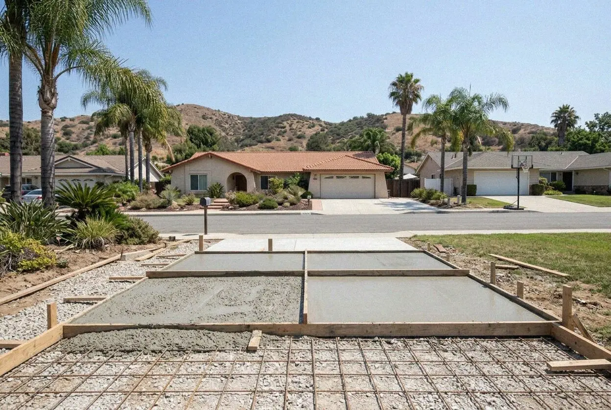 Concrete crew placing crushed stone base on a Yorba Linda slab