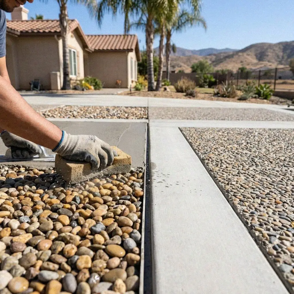 Decorative ashlar slate concrete patio outside a Corona residence