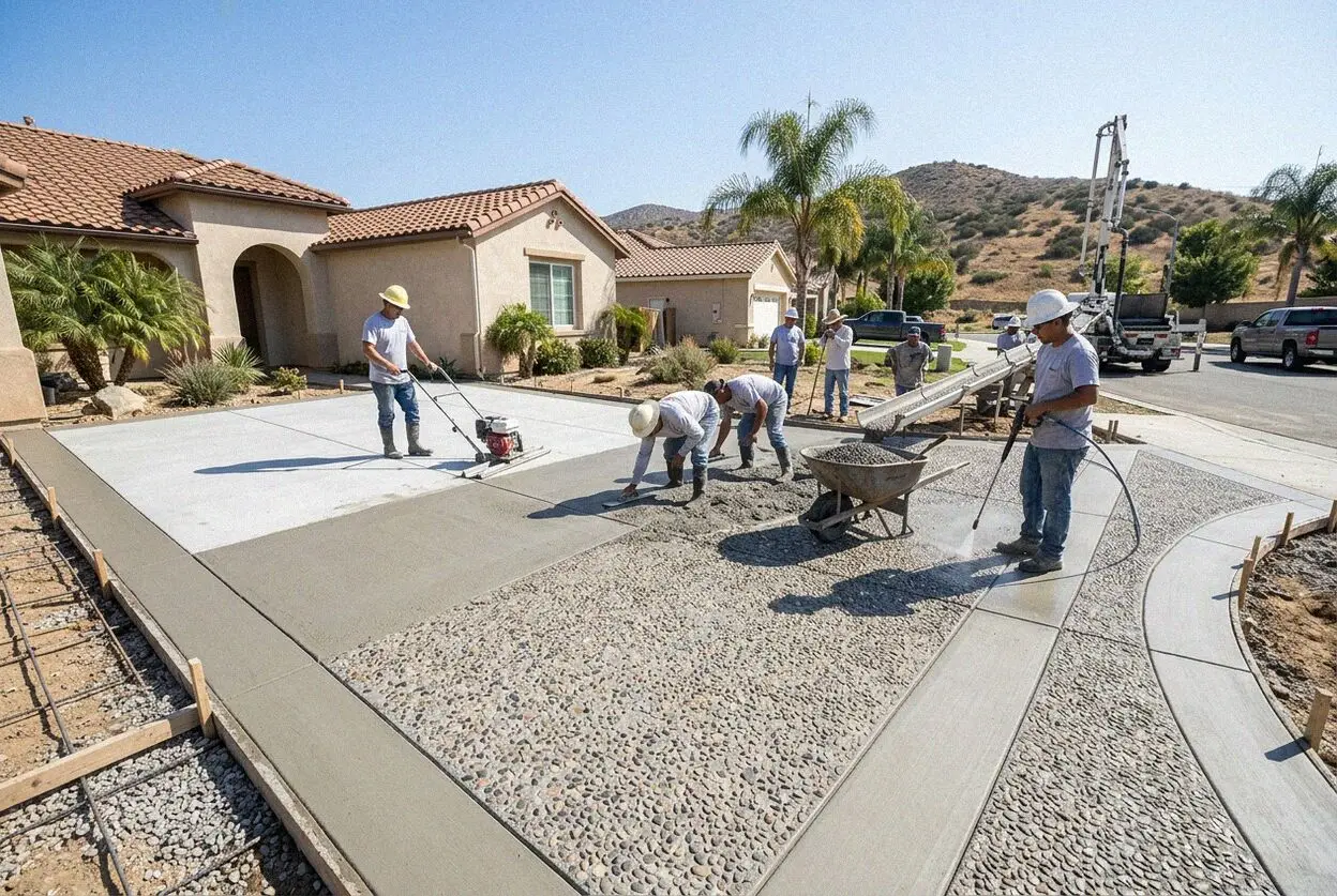 Finishing a stamped decorative concrete patio at a home in Corona