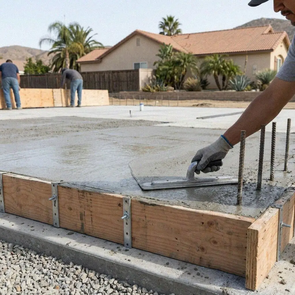 Poured concrete stem wall foundation on a residential Corona site.