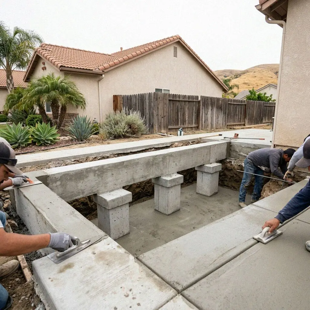 Hydraulic manifold leveling a concrete footing at a Corona property.