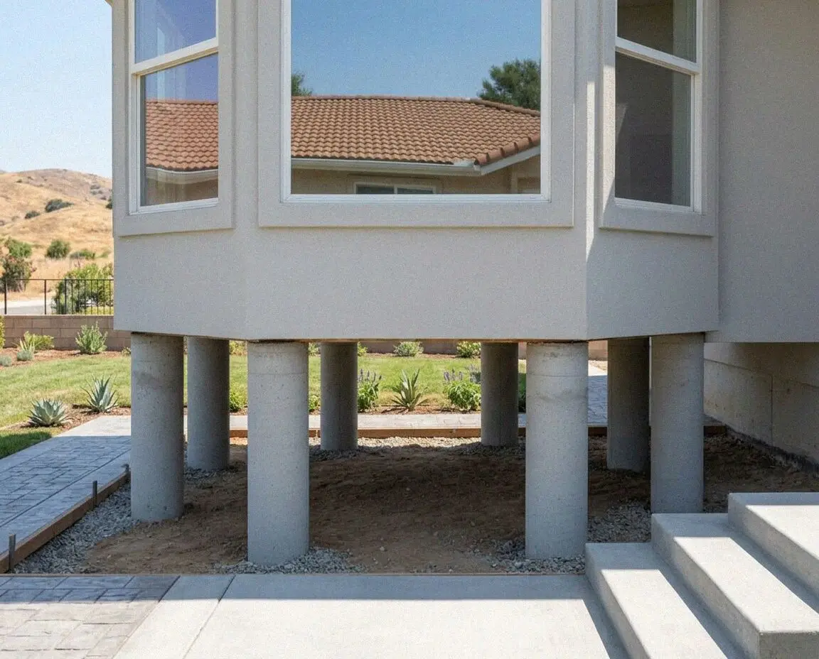 Hydraulic jacks lifting a sunken foundation on a Corona ranch home.