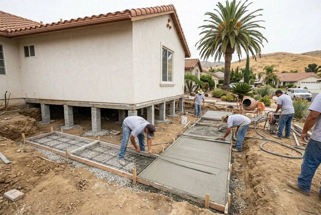 Foundation raising crew driving hydraulic piers at a Corona residence.