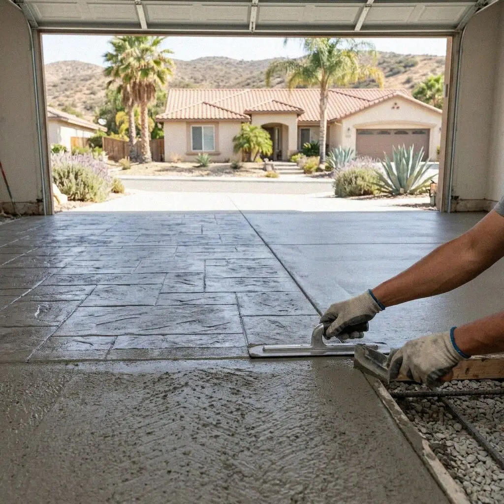 Smooth troweled garage floor slab inside a residential home in Corona