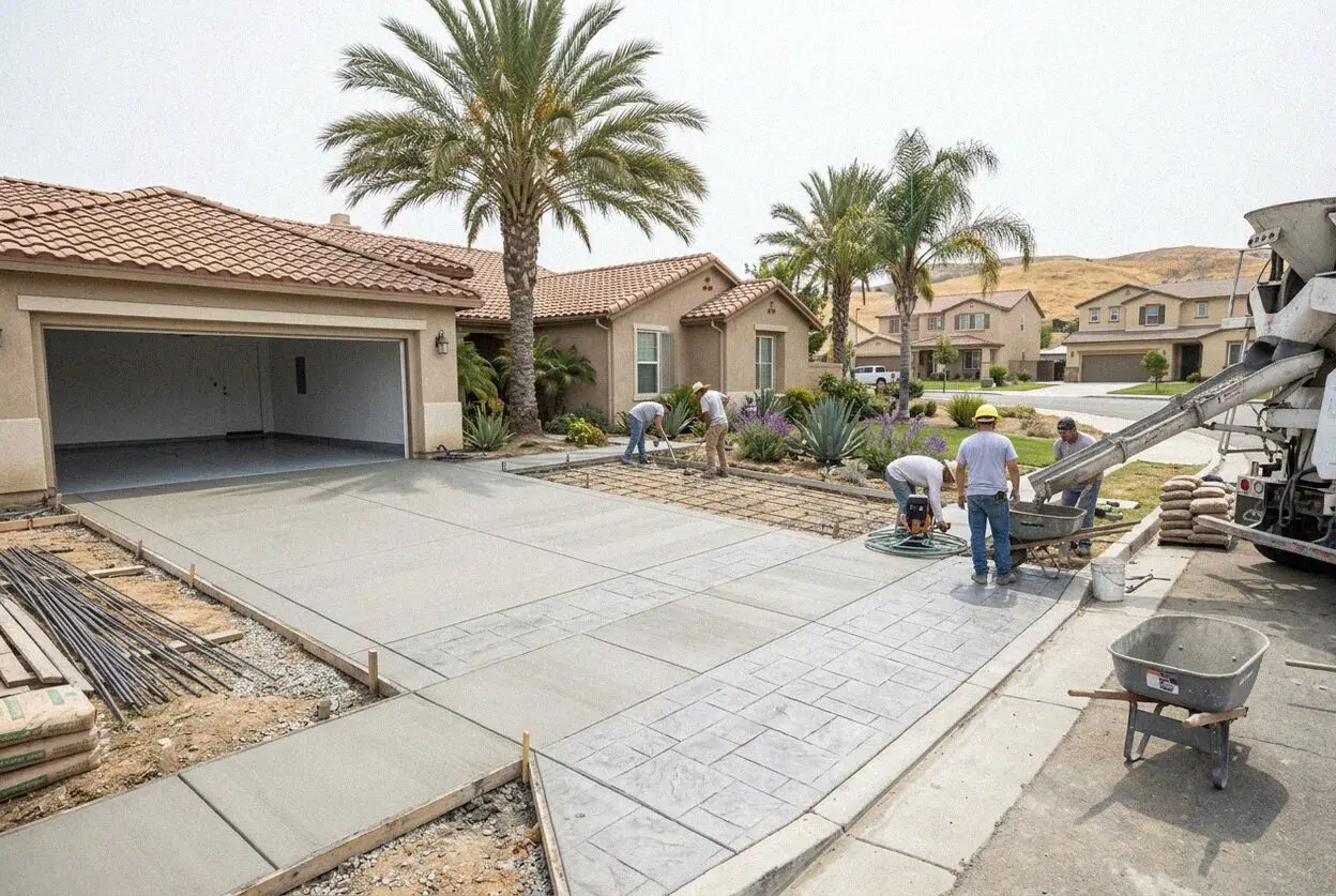 Pouring and leveling a concrete garage floor at a Corona residence