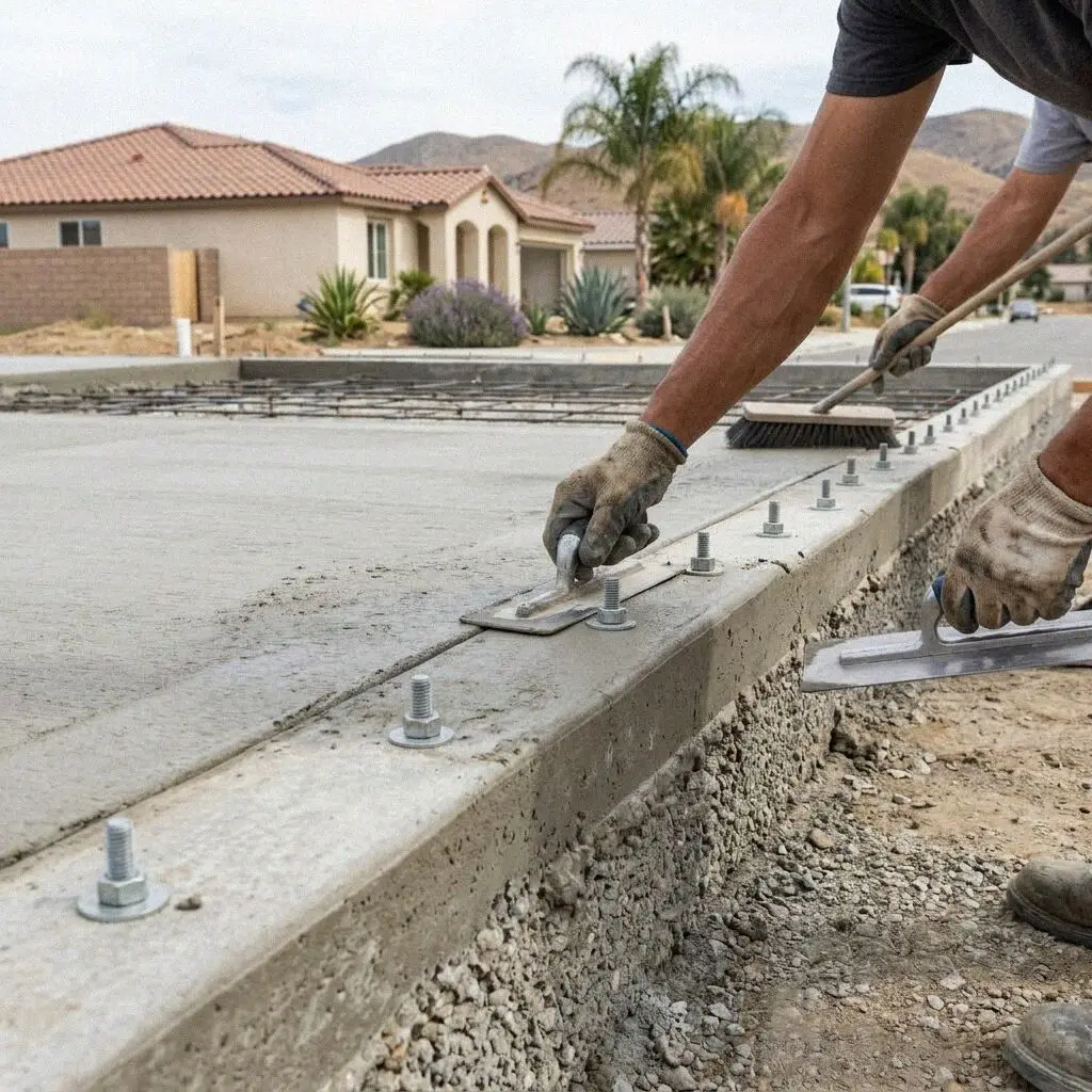 Rebar grid tied inside concrete slab foundation forms in Corona