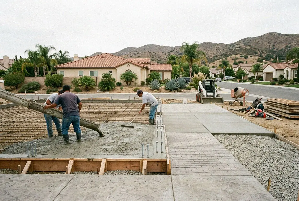 Pouring a concrete slab foundation for a residential home in Corona