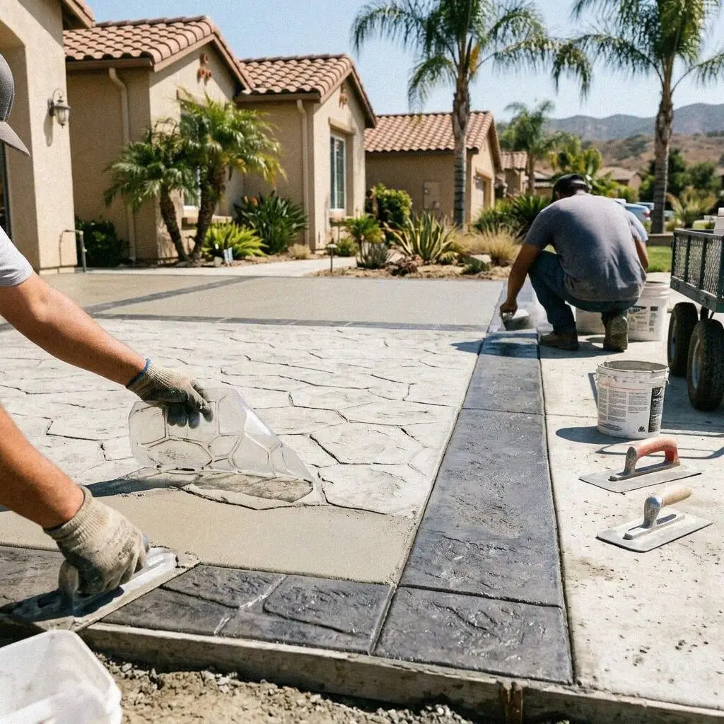 Textured patio pour finished with charcoal release powder in Corona