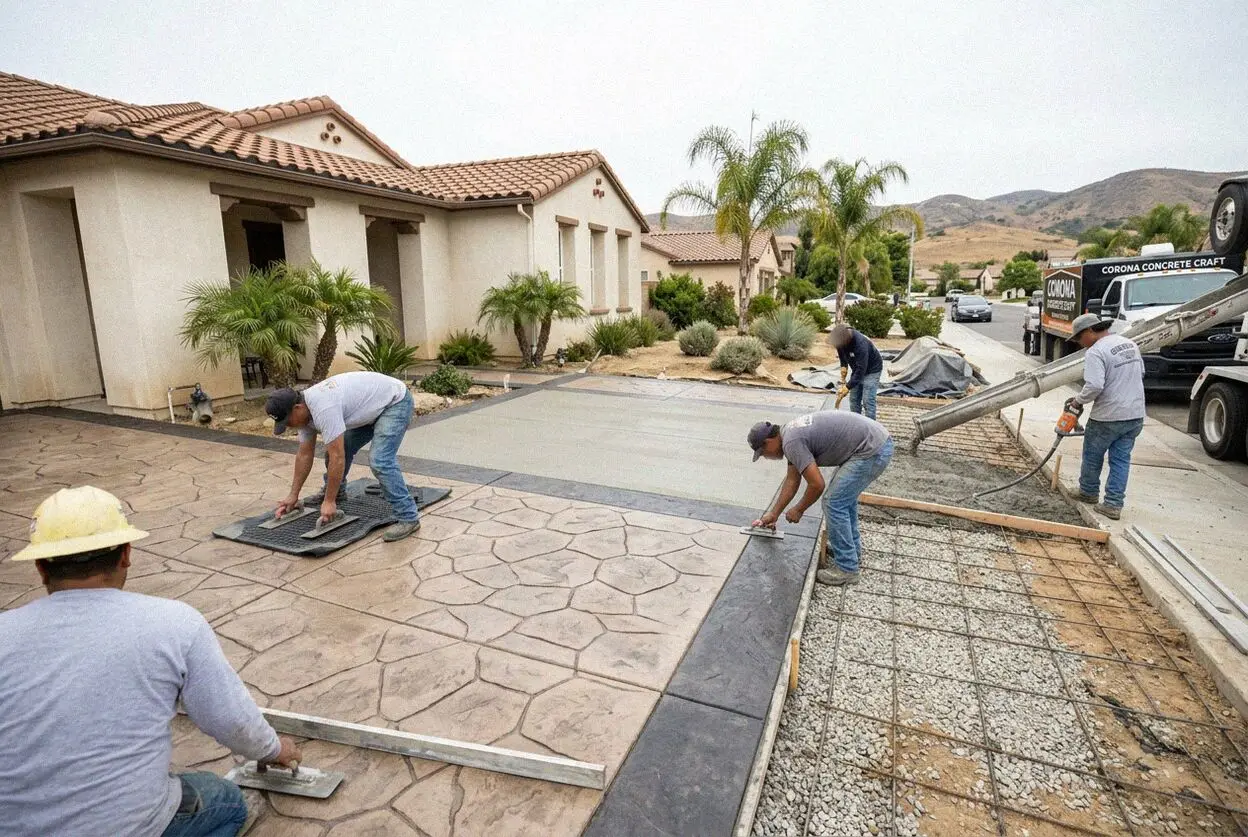Crew imprinting ashlar slate patterns on a fresh patio slab in Corona